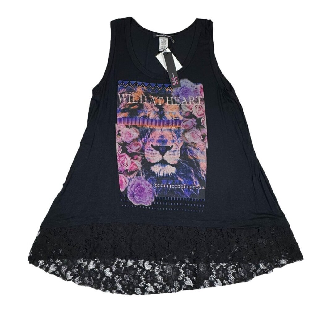 NWT HIP Black Graphic Tee T-Shirt Sz. L Sleeveless Lace Flowers Lion Goth